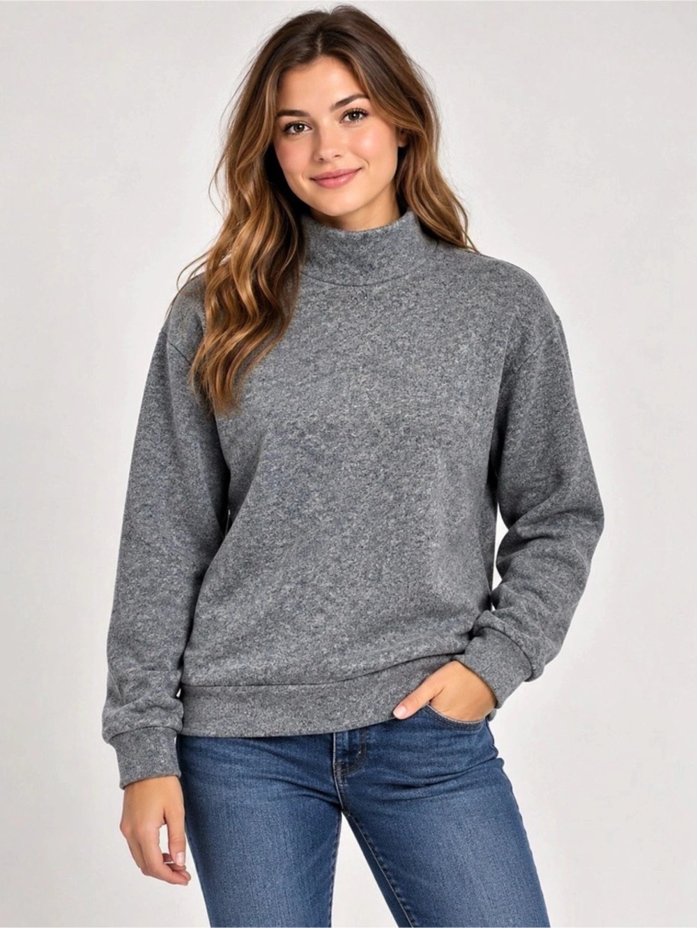 Eddie Bauer Women’s Large Blue Mock Neck Pullover Sweatshirt Cozy Casual